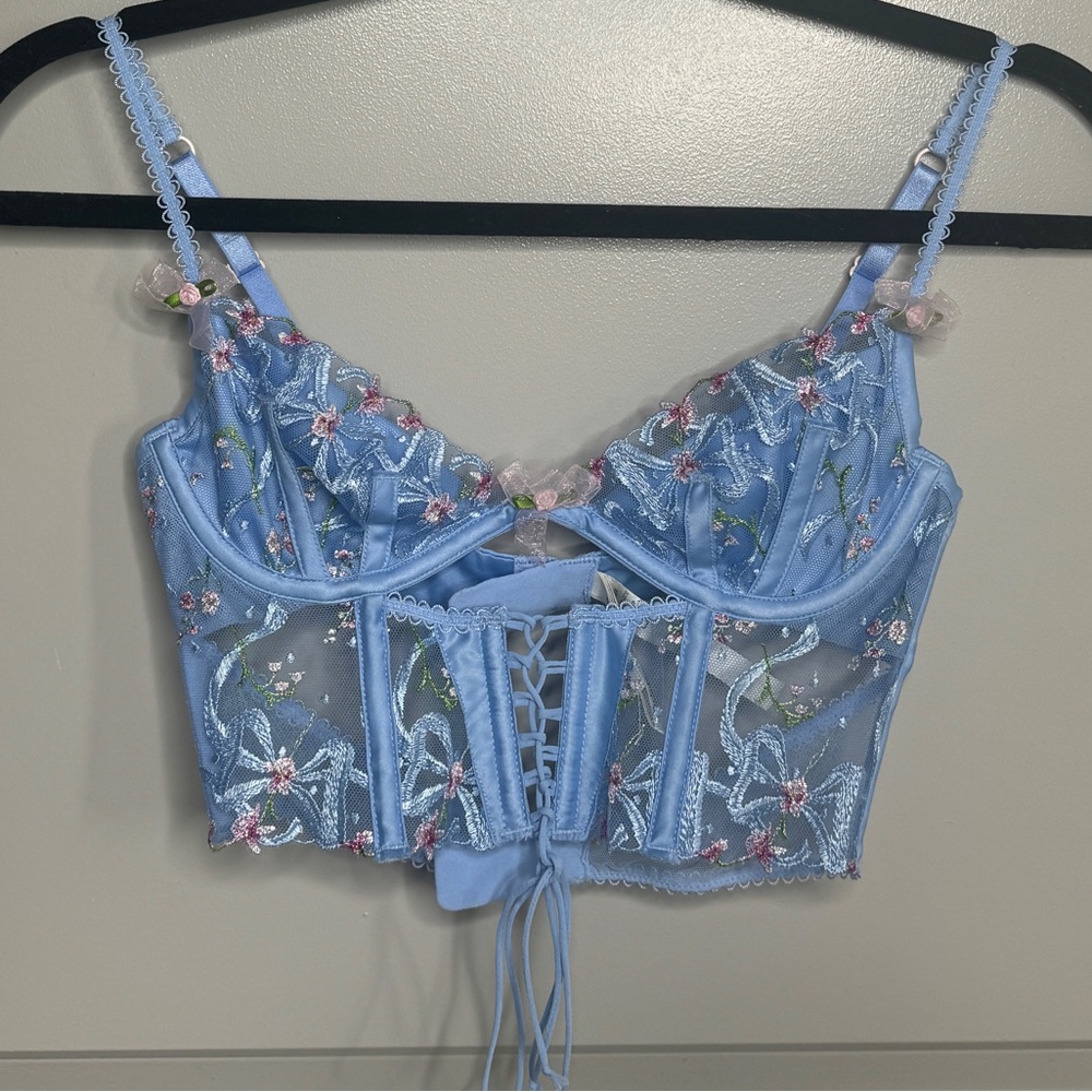 For Love And Lemons Blue Floral Lace Bra